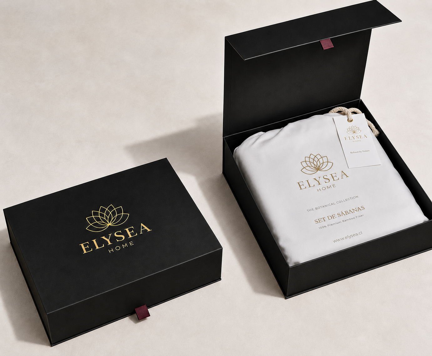 Set de sábanas Elysea Home en funda de tela y caja magnética premium