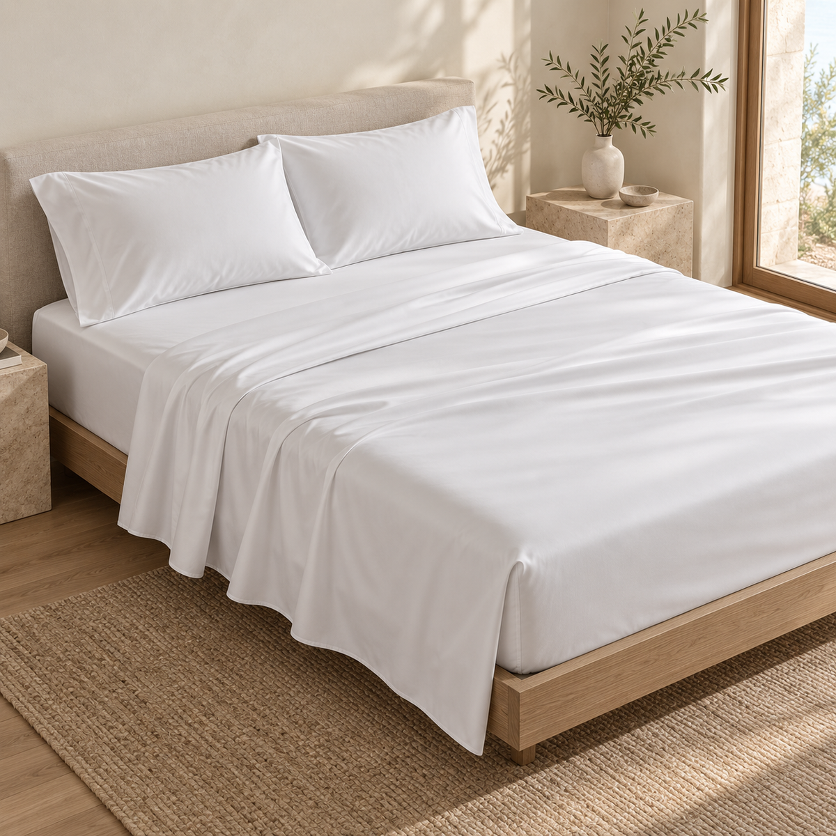 Cama vestida con set de sábanas blancas de fibra de bambú 400 hilos Elysea Home.