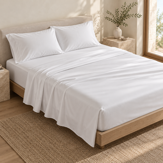 Cama vestida con set de sábanas blancas de fibra de bambú 400 hilos Elysea Home.